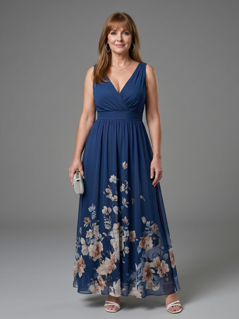 Clarissa | Ärmelloses Midikleid mit V-Ausschnitt und weichem Blumensaum - Marine - - DUUWE