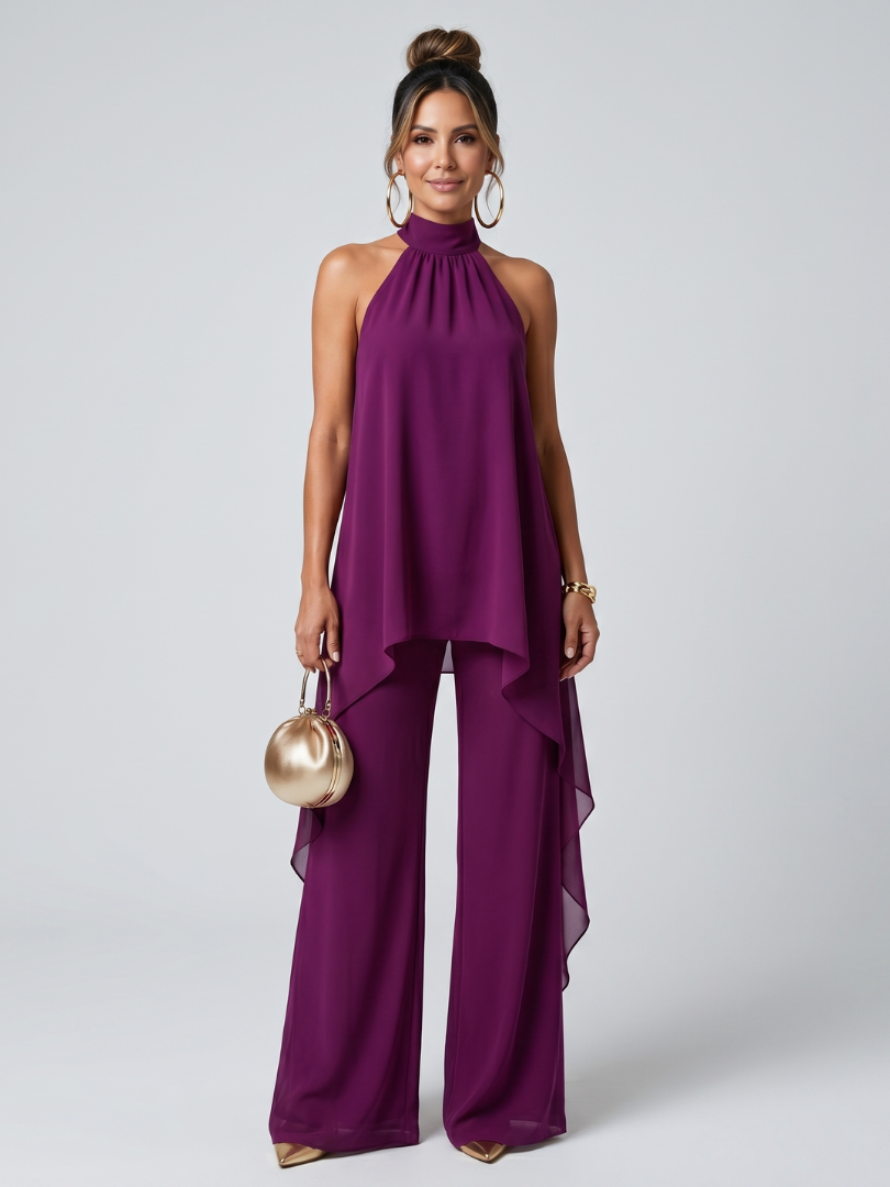 Zareen | Asymmetrisches Tunika-Oberteil mit weitem Bein und Hosen-Set - Lila - - DUUWE