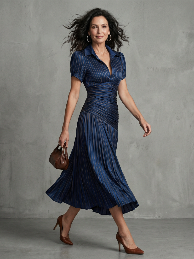 Theodora | Gestreiftes Midikleid mit plissierter Taille - - - DUUWE