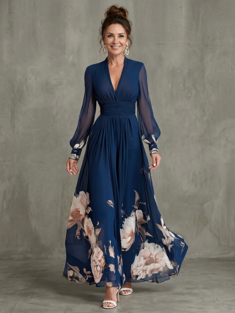 Ziva | Maxikleid mit plissierten, transparenten Ärmeln - Marine - - DUUWE