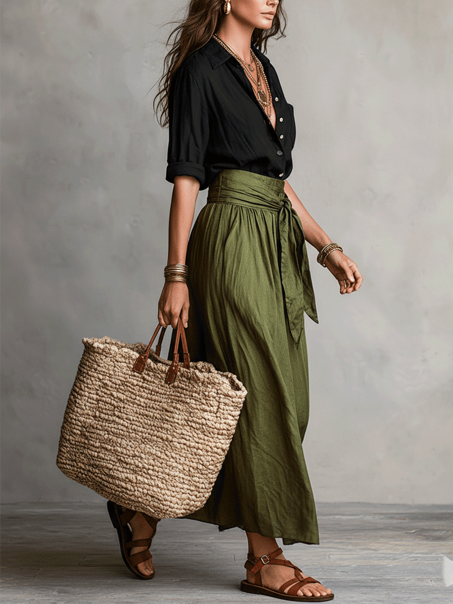 Müheloser Boho-Look: Schwarze Bluse und olivgrüner Satin-Midi-Rock im Set - - Blouse - Concept Fashionlab
