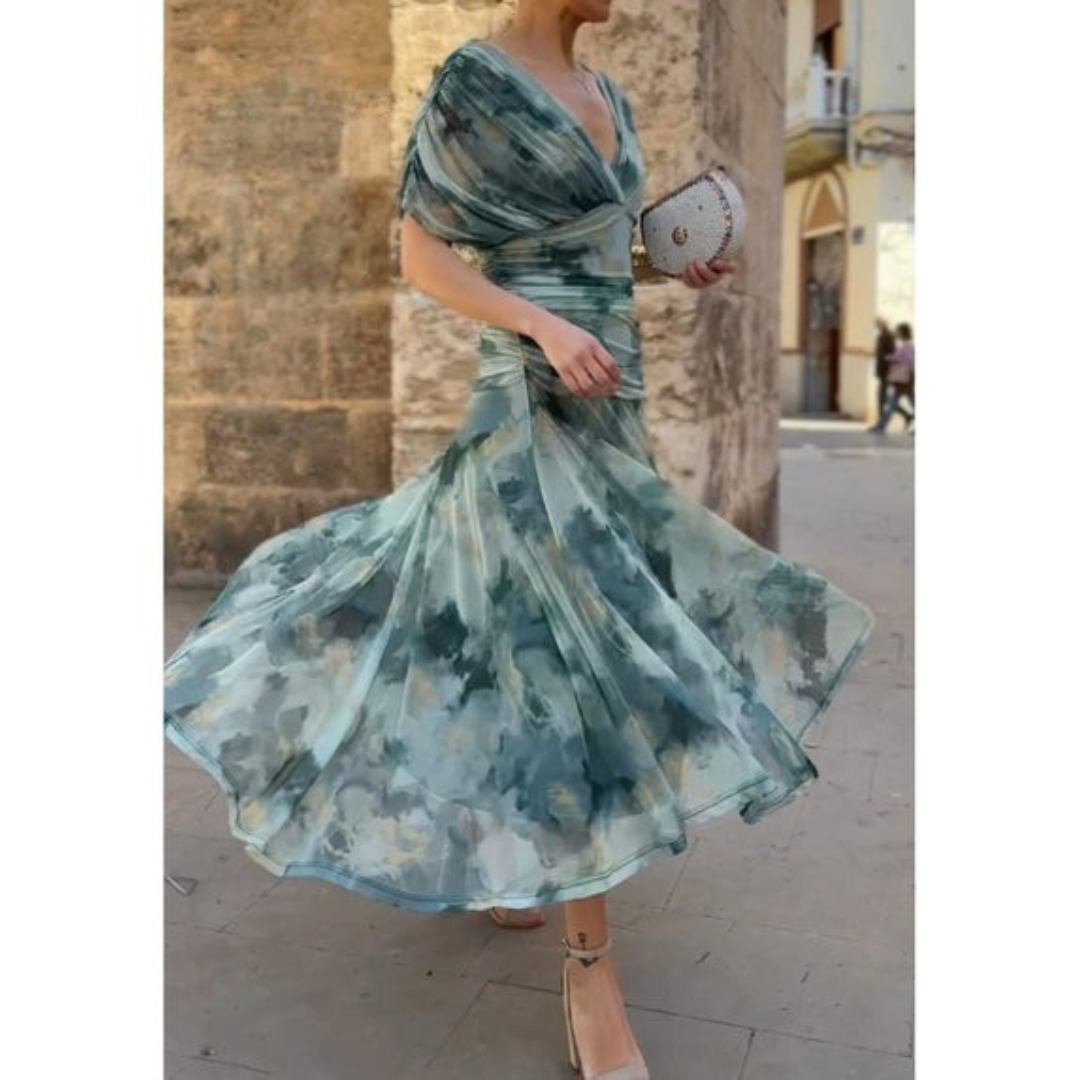 Korsettkleid mit Blumenmuster - Elegantes Blütenmuster, figurbetonte Passform - Blaugrün - Corset Dress - Concept Fashionlab