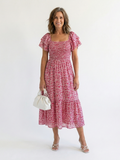 Odette | Schulterfreies, gesmoktes Midikleid mit Blumenmuster