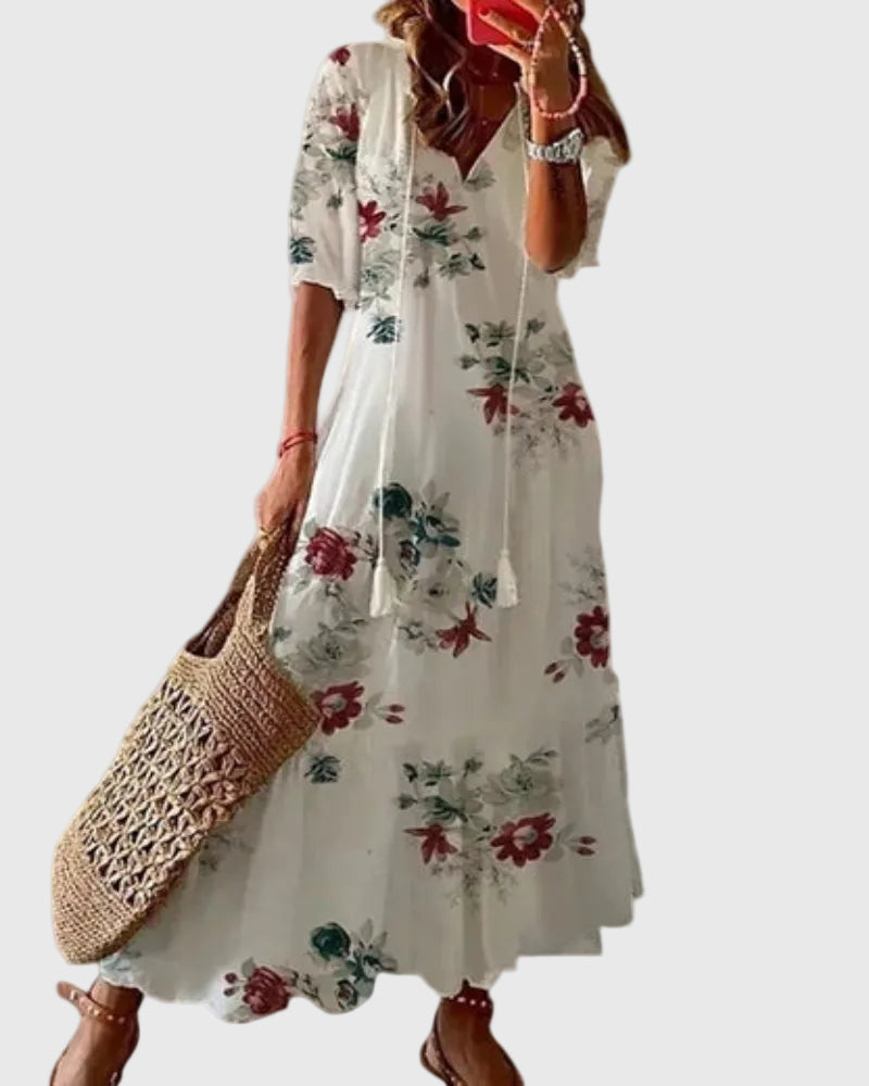 Amalia | Boho Vintage Sommer Maxikleid - Blumen - - Cow Clothing