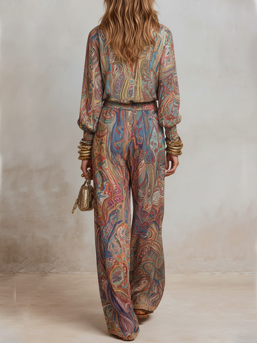 Exquisiter Paisley-Muster-Hosenanzug mit weitem Bein - - Set - Concept Fashionlab