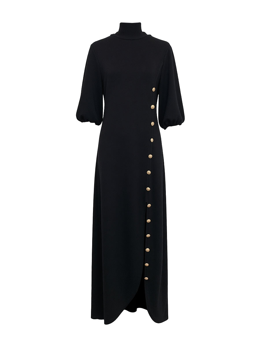 Maxikleider mit Stehkragen, lockeren Puffärmeln, geknöpft und seitlich geschlitzt - - Maxi Dress - Concept Fashionlab