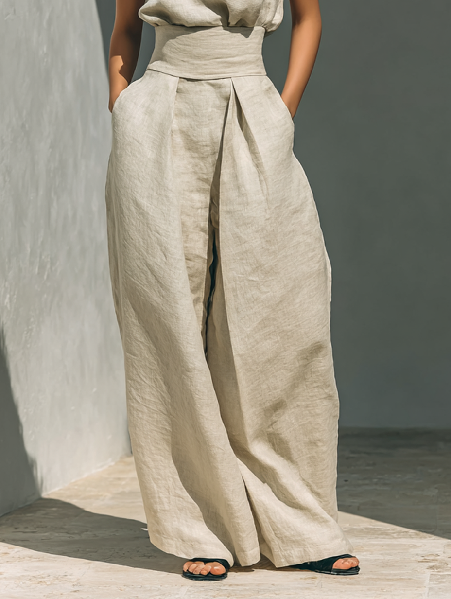 Maria™ | Komplettset mit Tanktop und weiter Baumwoll-Leinenhose - - - Cow Clothing