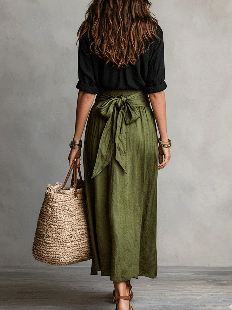 Müheloser Boho-Look: Schwarze Bluse und olivgrüner Satin-Midi-Rock im Set - - Blouse - Concept Fashionlab