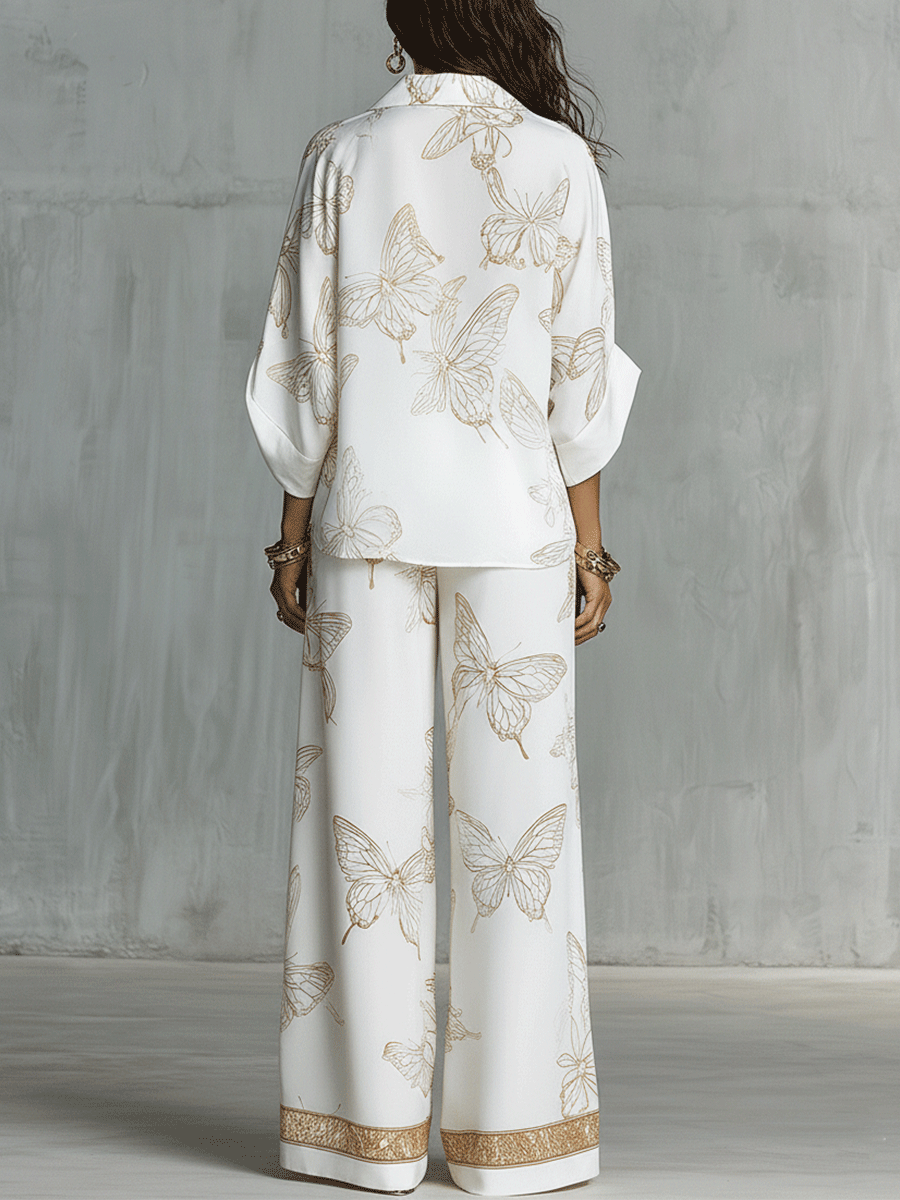 Boho-Luxus Schmetterlings-Jacquard-Bluse und Palazzohose-Set - - Blouse - Concept Fashionlab