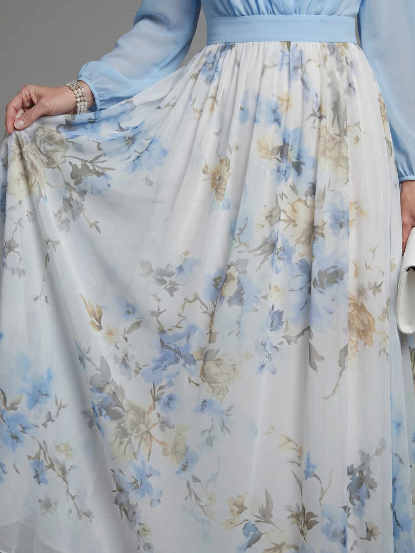 Augusta | Geblümtes Maxikleid mit V-Ausschnitt und durchsichtigem Oberteil - - - DUUWE