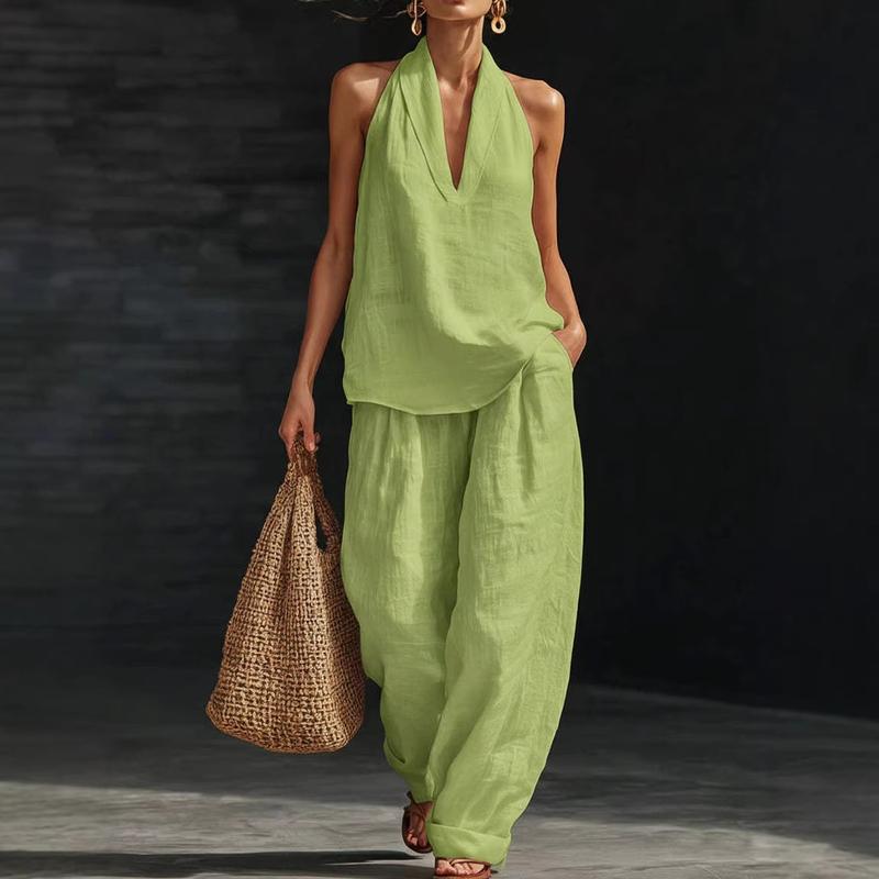 Ainhoa | Kombi-Set aus entspanntem Tanktop und Hose mit weitem Bein - Hellgrün - - Cow Clothing