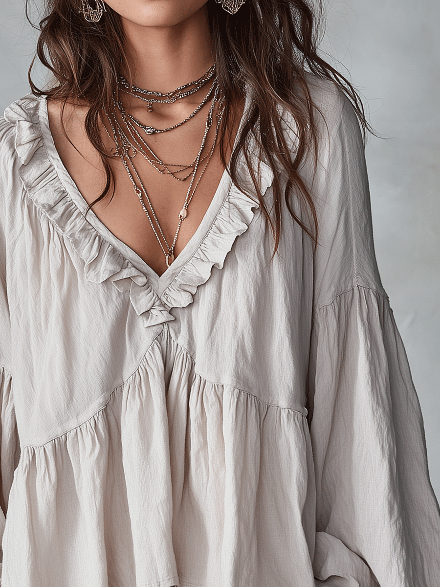 Damen Luftige, vintage-inspirierte Boho-Bluse mit weichen Rüschen - - Damen > Blusen - Concept Fashionlab