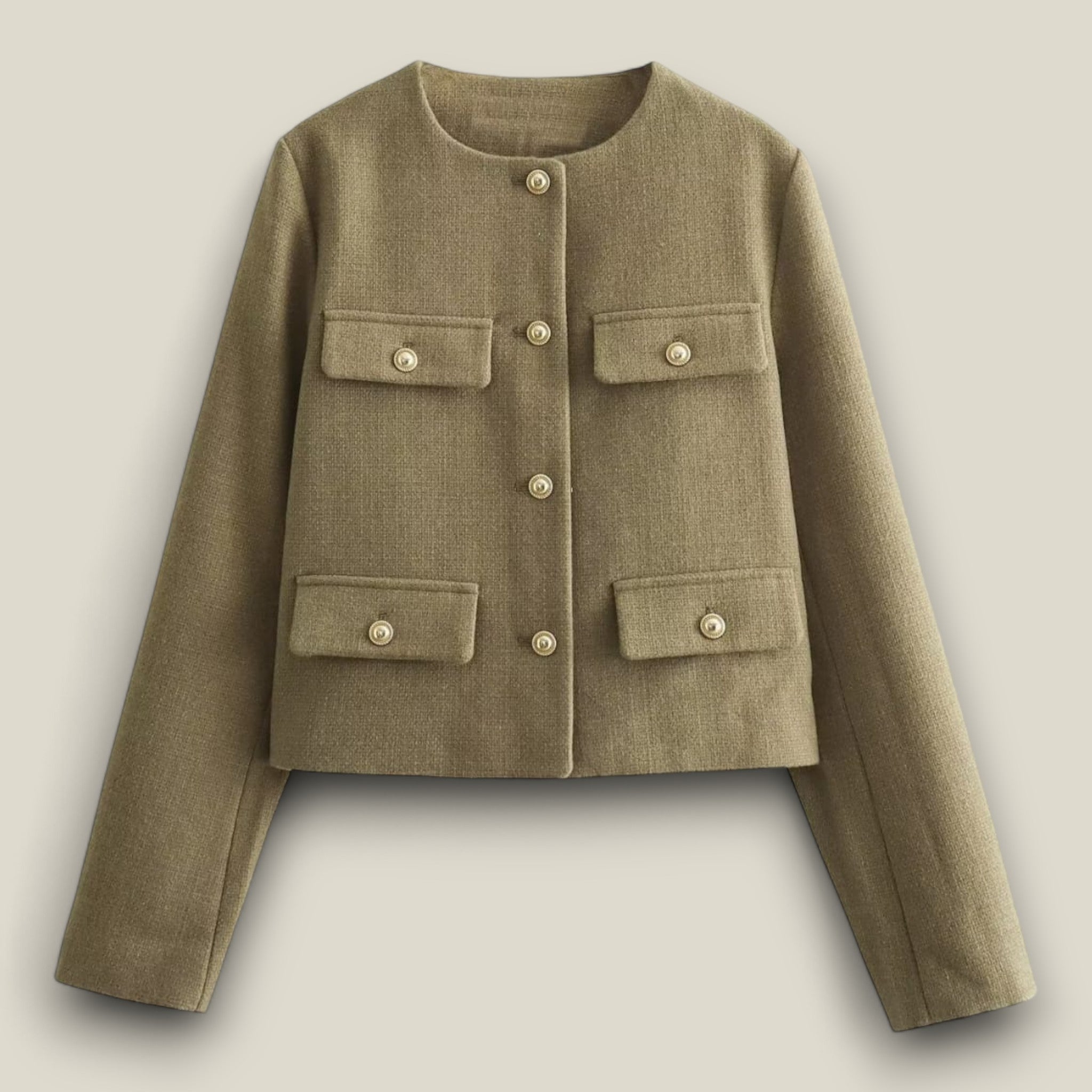 Isabelle | Kurze Tweedjacke - Chic Fransendetail für herbstliche Eleganz - Olivegrün - - Concept Fashionlab