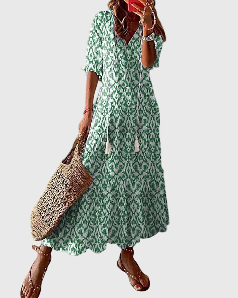 Amalia | Boho Vintage Sommer Maxikleid - Grün - - Cow Clothing