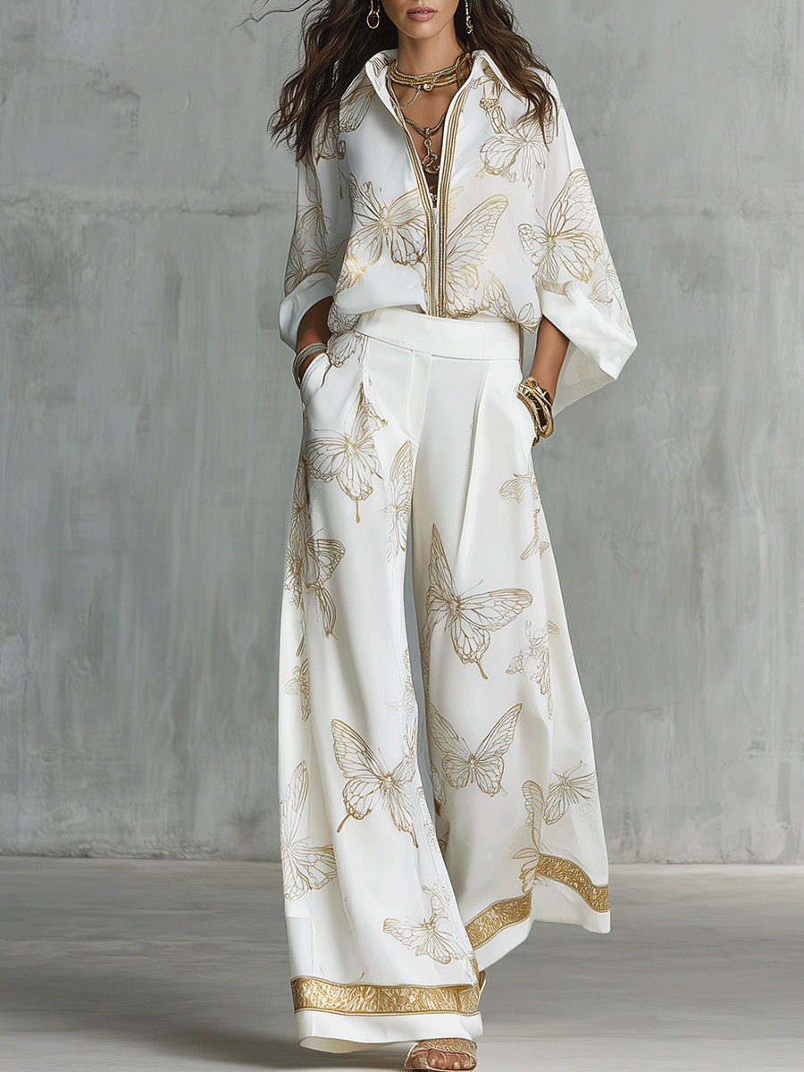 Boho-Luxus Schmetterlings-Jacquard-Bluse und Palazzohose-Set - Weiß - Blouse - Concept Fashionlab