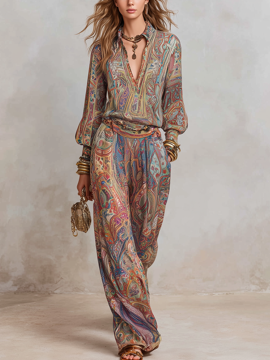 Exquisiter Paisley-Muster-Hosenanzug mit weitem Bein - braun - Set - Concept Fashionlab