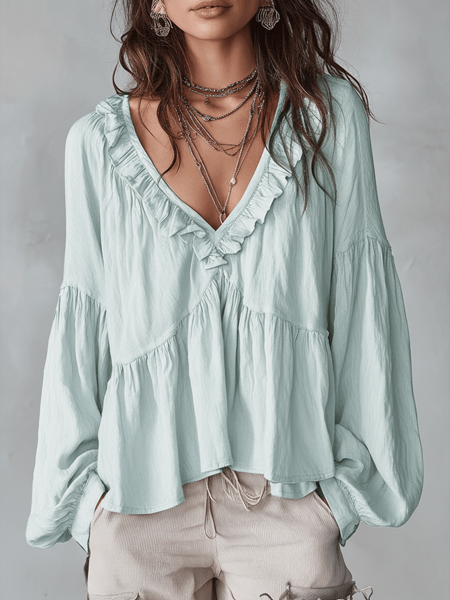Damen Luftige, vintage-inspirierte Boho-Bluse mit weichen Rüschen - Hellgrün - Damen > Blusen - Concept Fashionlab
