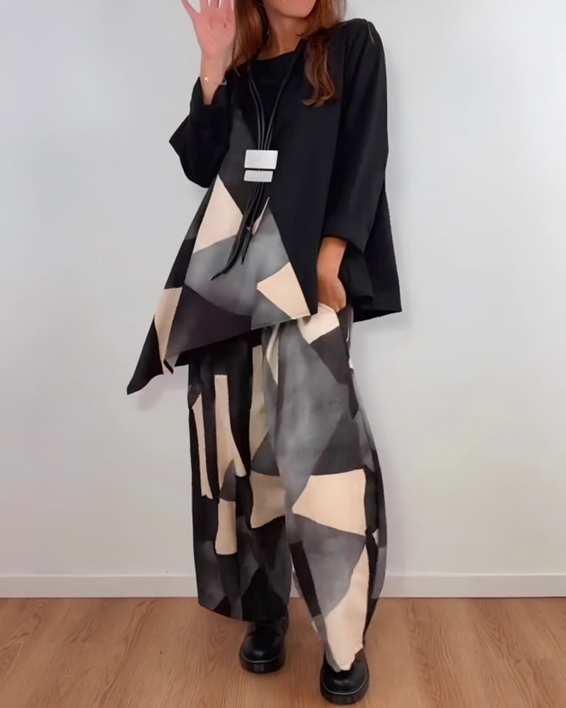 Lässiges zweiteiliges Set mit geometrischem Muster und Hose mit weitem Bein