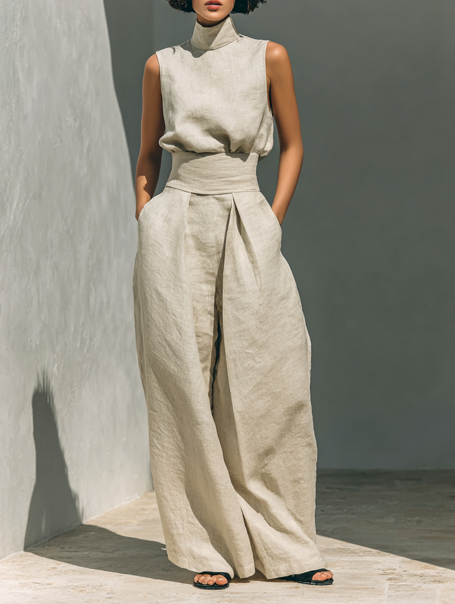 Maria™ | Komplettset mit Tanktop und weiter Baumwoll-Leinenhose - Khaki - - Cow Clothing