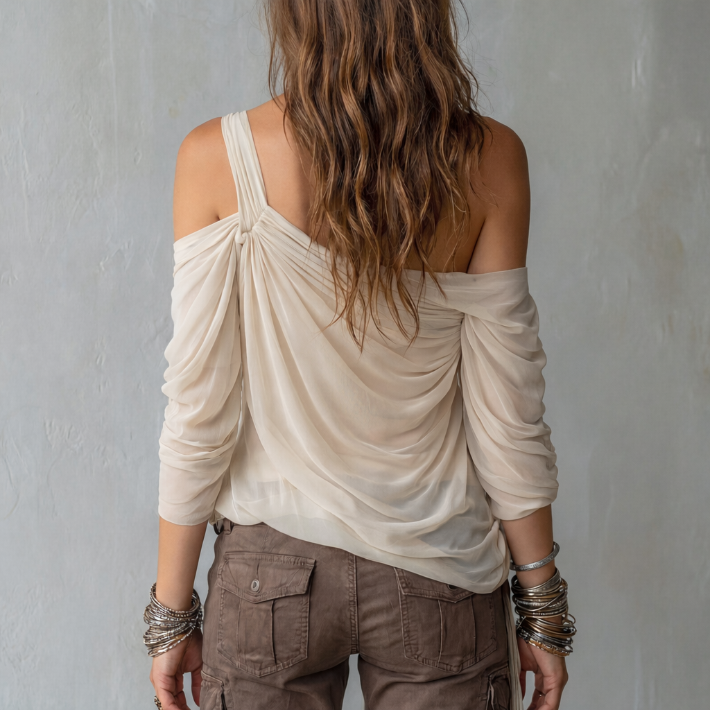 Damen Drapierte schulterfreie Bluse aus floralem Chiffon - - Damen > Blusen - Concept Fashionlab