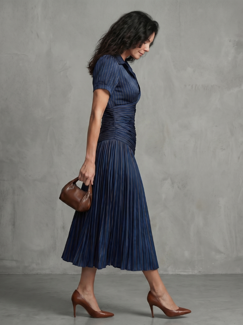 Theodora | Gestreiftes Midikleid mit plissierter Taille - - - DUUWE