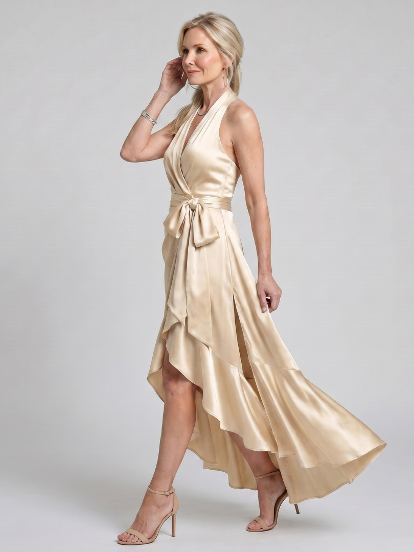 Honora | Neckholder-Wickelkleid mit asymmetrischem Saum - - - DUUWE