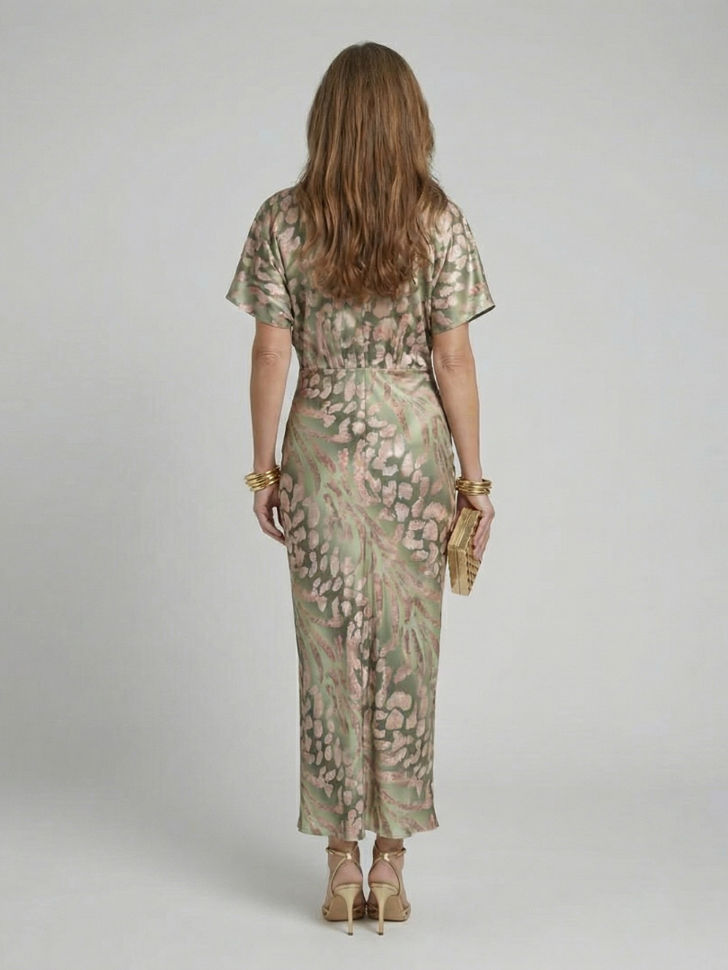 Abstraktes Print-Midikleid mit V-Ausschnitt und verdrehter Taille - - - DUUWE