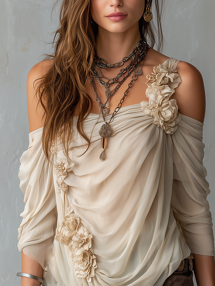 Damen Drapierte schulterfreie Bluse aus floralem Chiffon - - Damen > Blusen - Concept Fashionlab