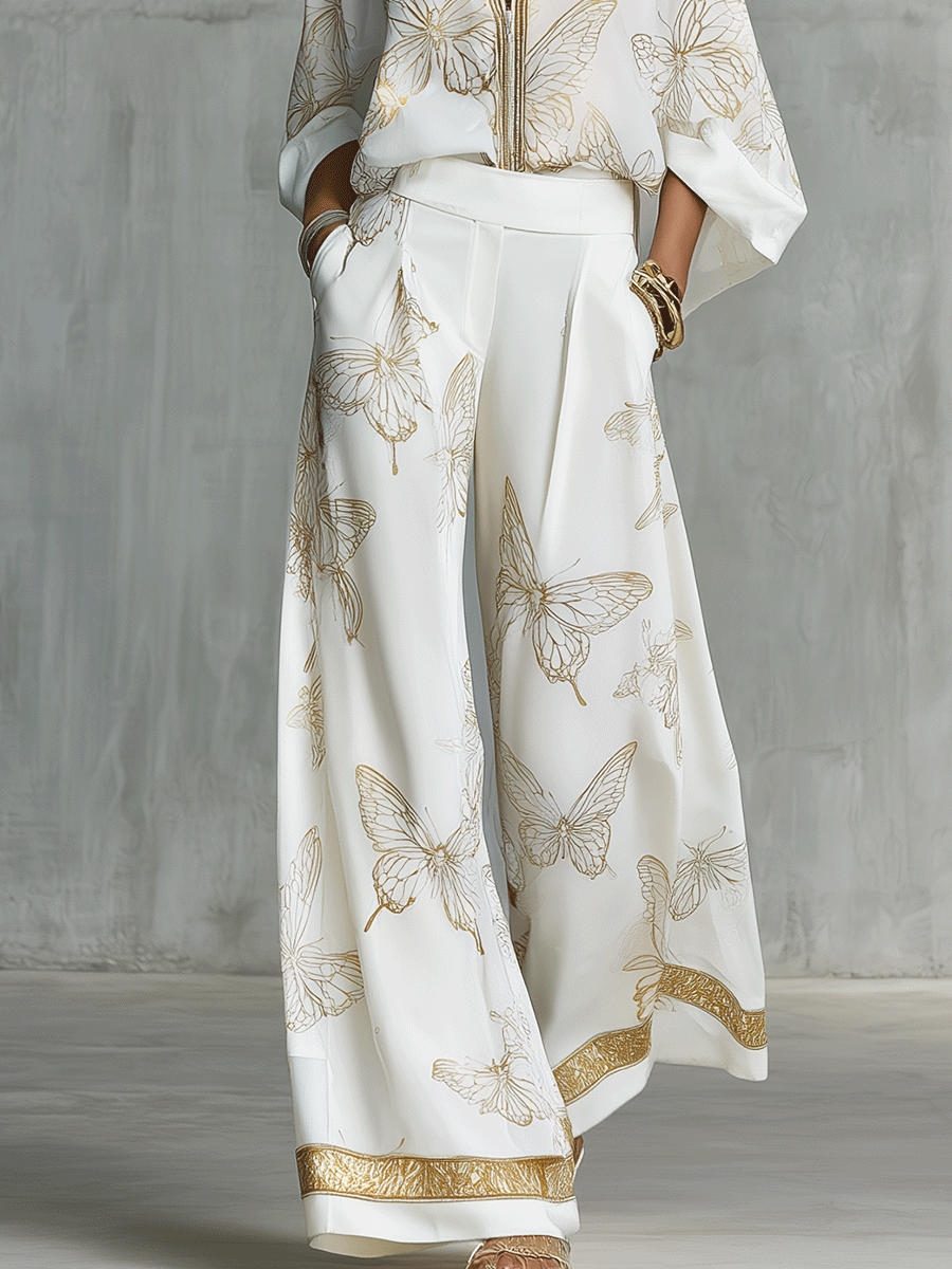 Boho-Luxus Schmetterlings-Jacquard-Bluse und Palazzohose-Set - - Blouse - Concept Fashionlab