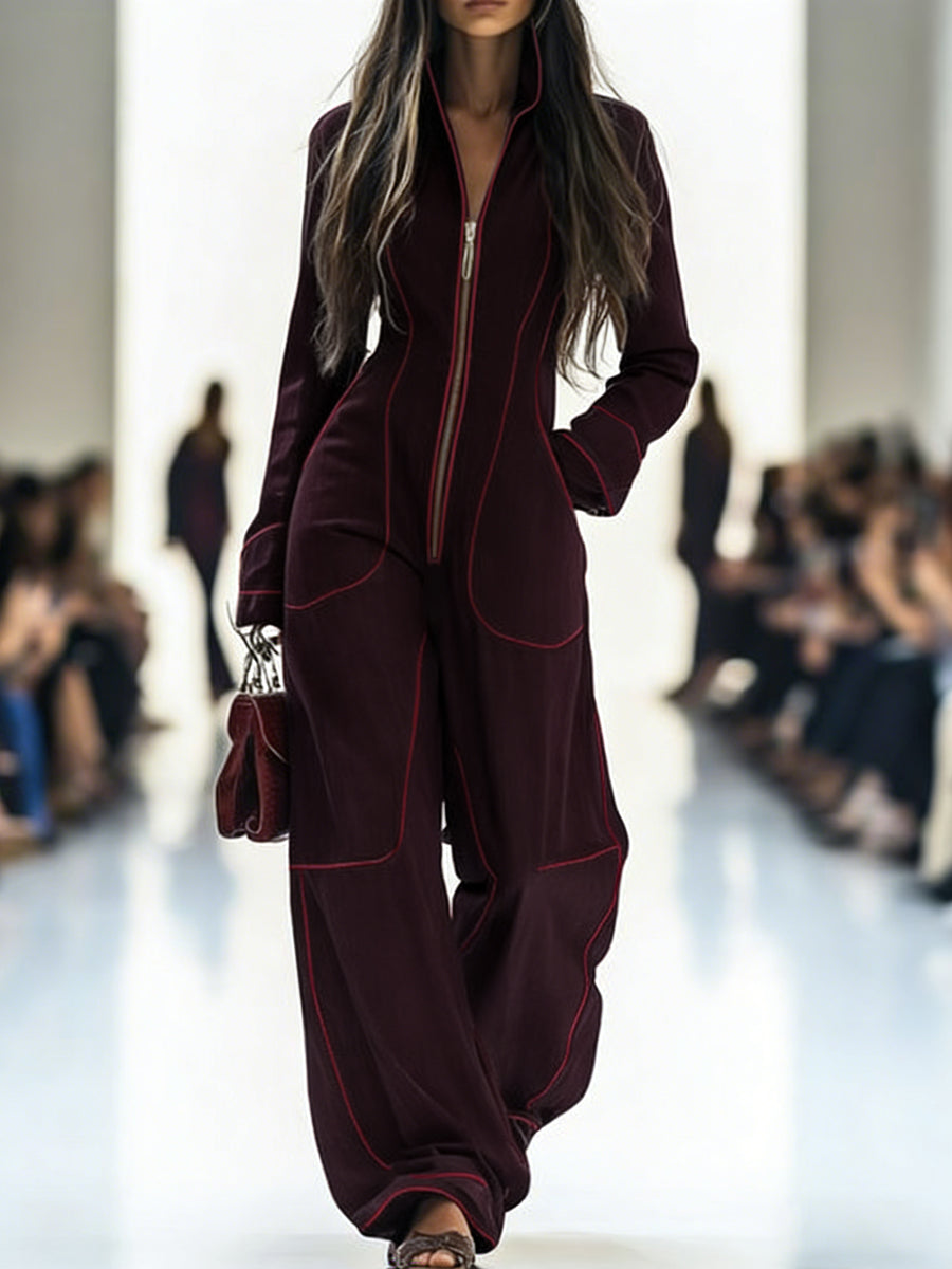 Overall mit Langarm, weitem Bein, Reißverschluss und Stehkragen - JUJUBEROT - Jumpsuits - Concept Fashionlab