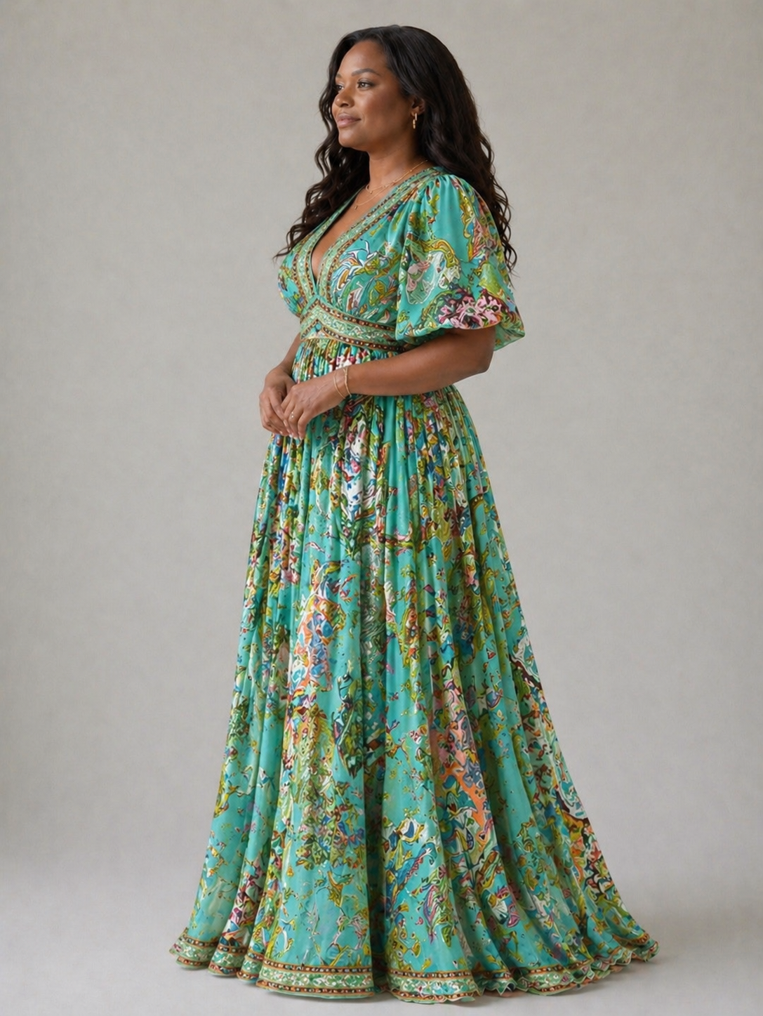 Luftiges Maxikleid mit Puffärmeln und V-Ausschnitt - 2XL - voor vrouwen - DUUWE