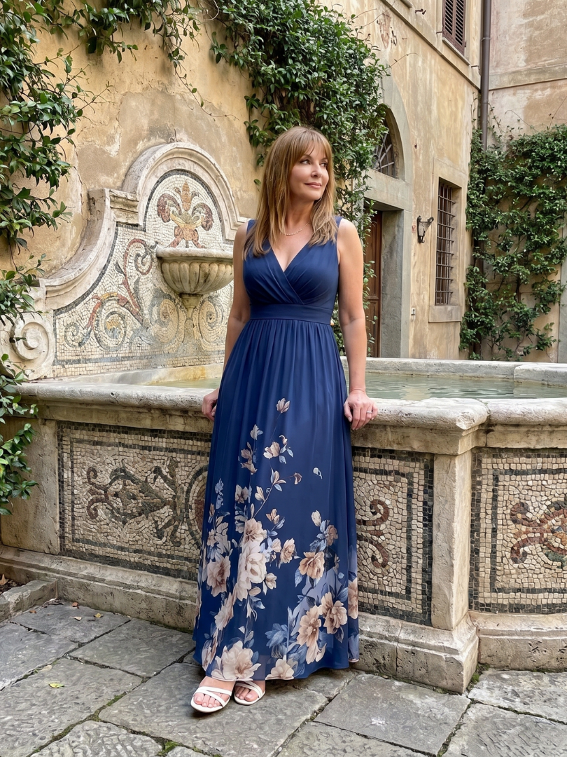 Clarissa | Ärmelloses Midikleid mit V-Ausschnitt und weichem Blumensaum - - - DUUWE