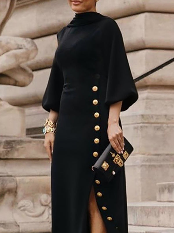 Maxikleider mit Stehkragen, lockeren Puffärmeln, geknöpft und seitlich geschlitzt - - Maxi Dress - Concept Fashionlab