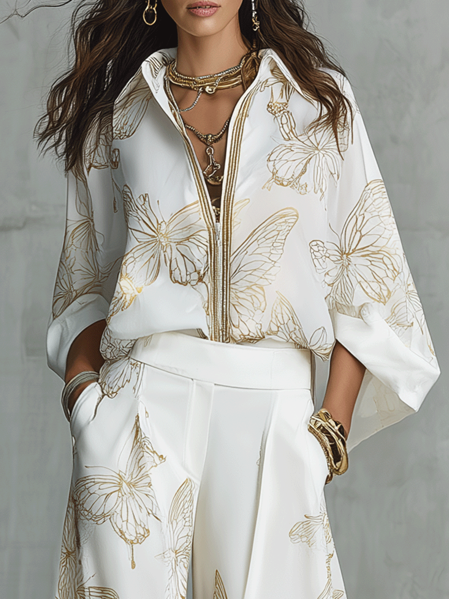 Boho-Luxus Schmetterlings-Jacquard-Bluse und Palazzohose-Set - - Blouse - Concept Fashionlab
