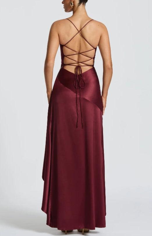 Elegant Maxi Dress with Halter Neckline and Backless Design with Ruffles - Wine Red - Maxi Dress - Concept Fashionlab