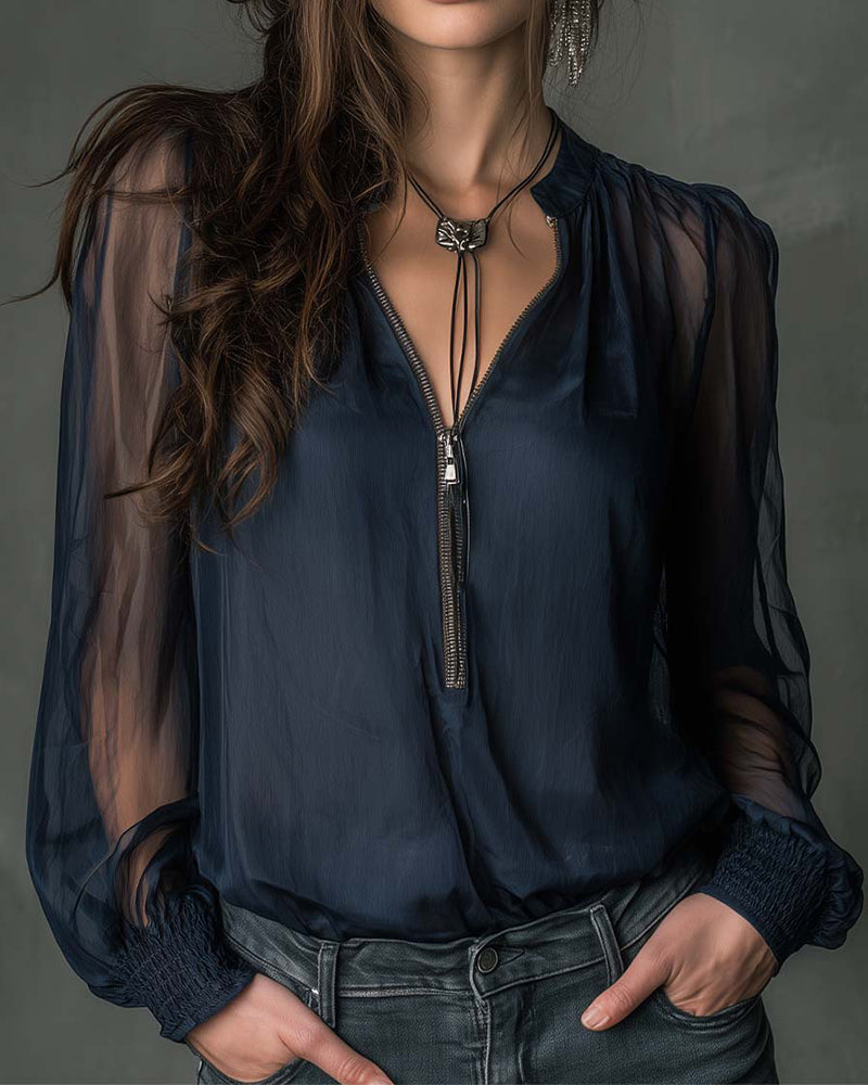 Strickbluse mit Halb-Reißverschluss und langen Ärmeln