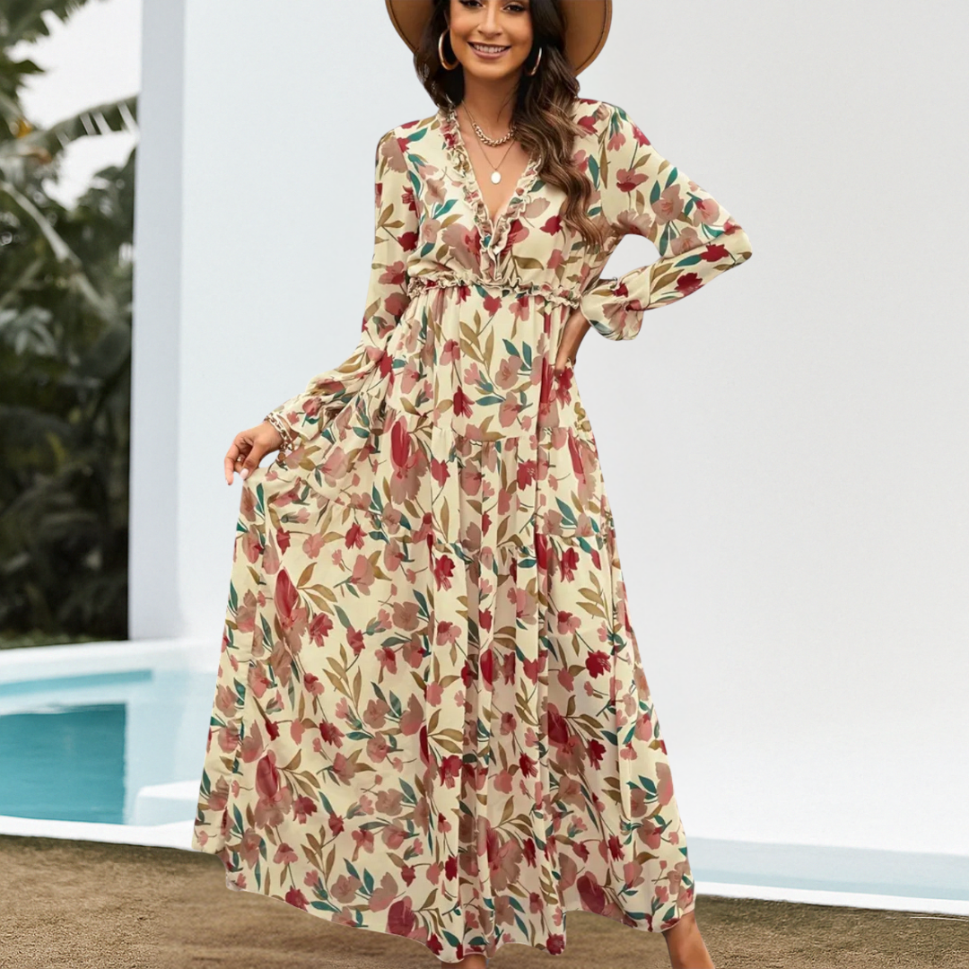 Juliana – Elegantes Blumenkleid - Pfirsich - - Cow Clothing