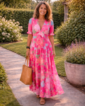 Ione | Kurzarm-Midikleid mit Blumenmuster und V-Ausschnitt