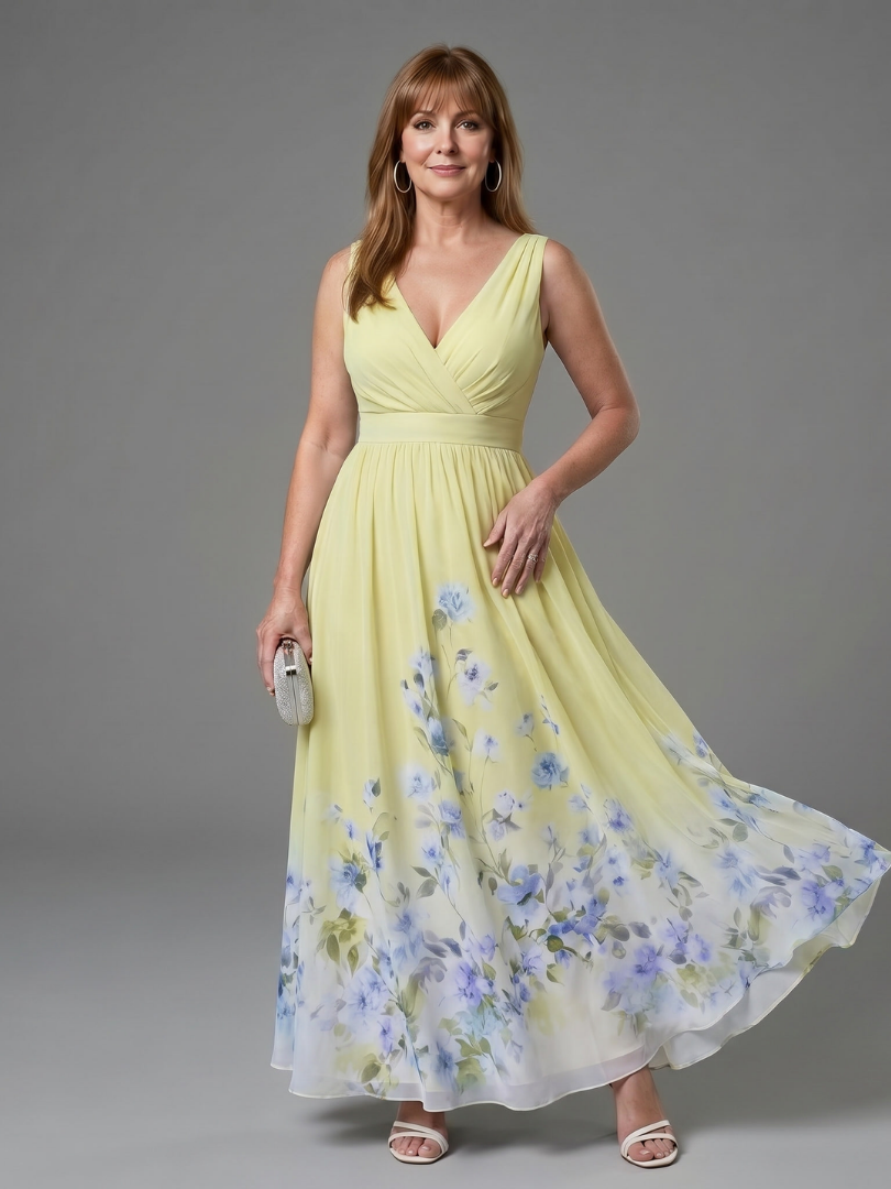 Clarissa | Ärmelloses Midikleid mit V-Ausschnitt und weichem Blumensaum - Gelb - - DUUWE