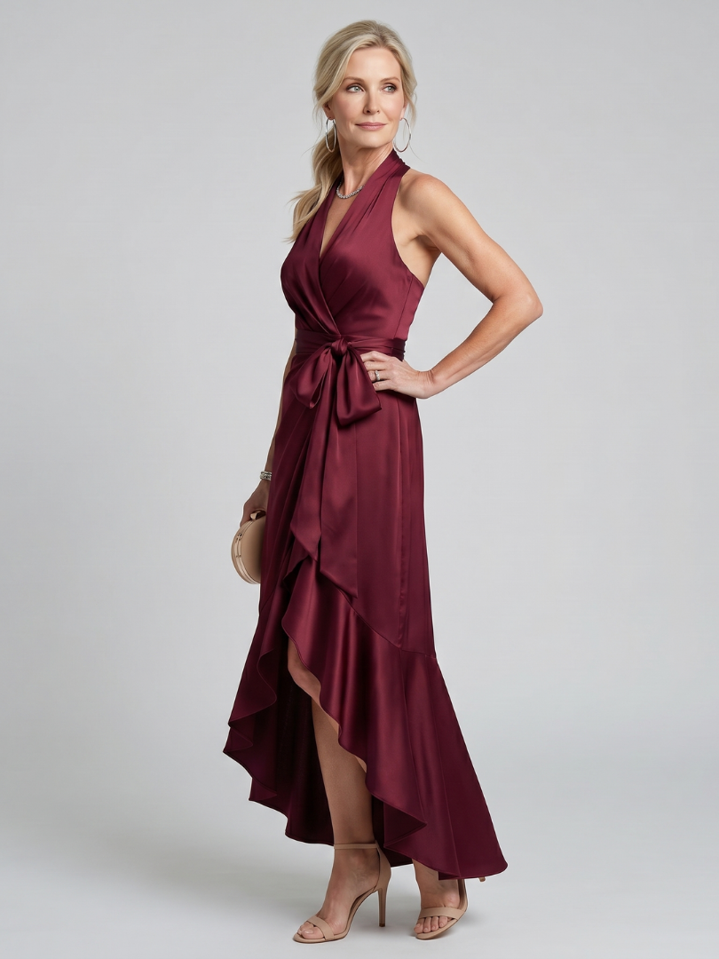 Honora | Neckholder-Wickelkleid mit asymmetrischem Saum - Rot - - DUUWE