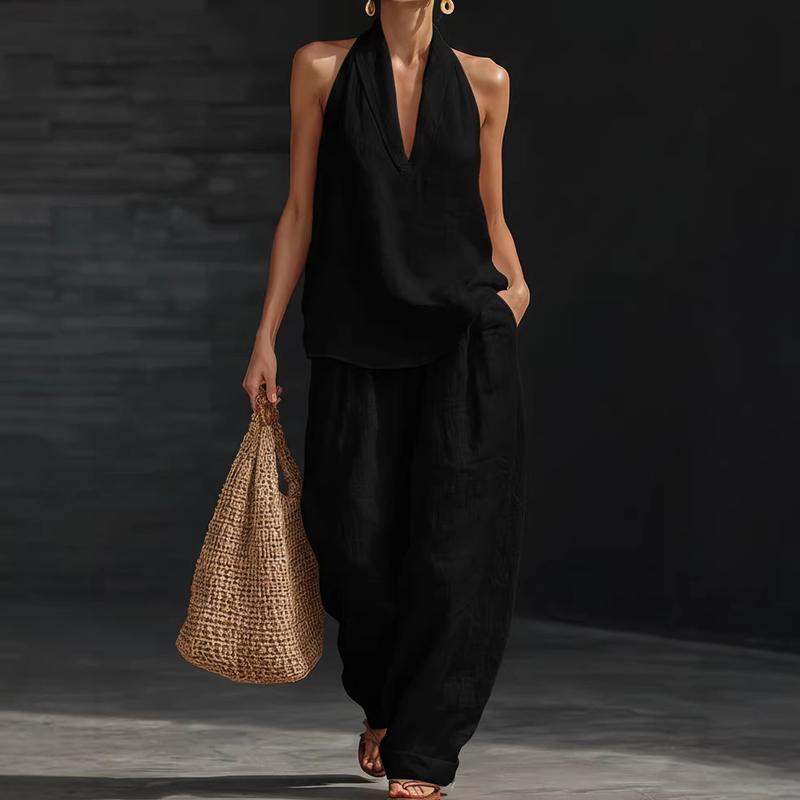 Ainhoa | Kombi-Set aus entspanntem Tanktop und Hose mit weitem Bein - Schwarz - - Cow Clothing