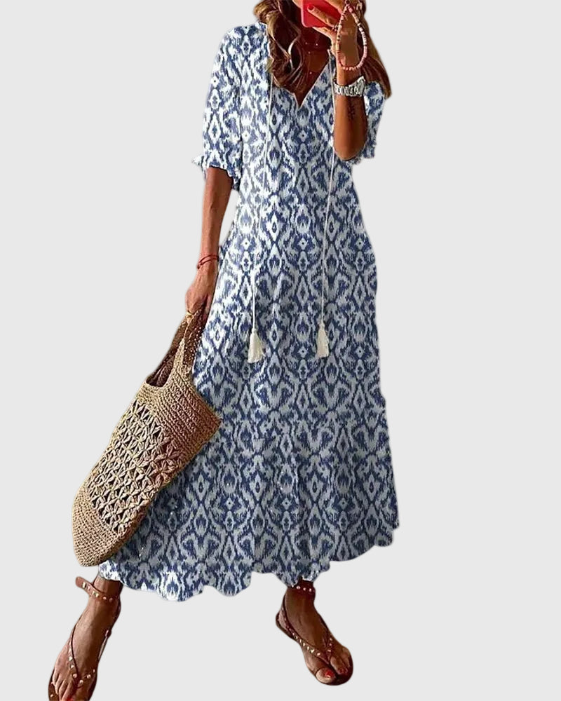 Amalia | Boho Vintage Sommer Maxikleid - Blau - - Cow Clothing