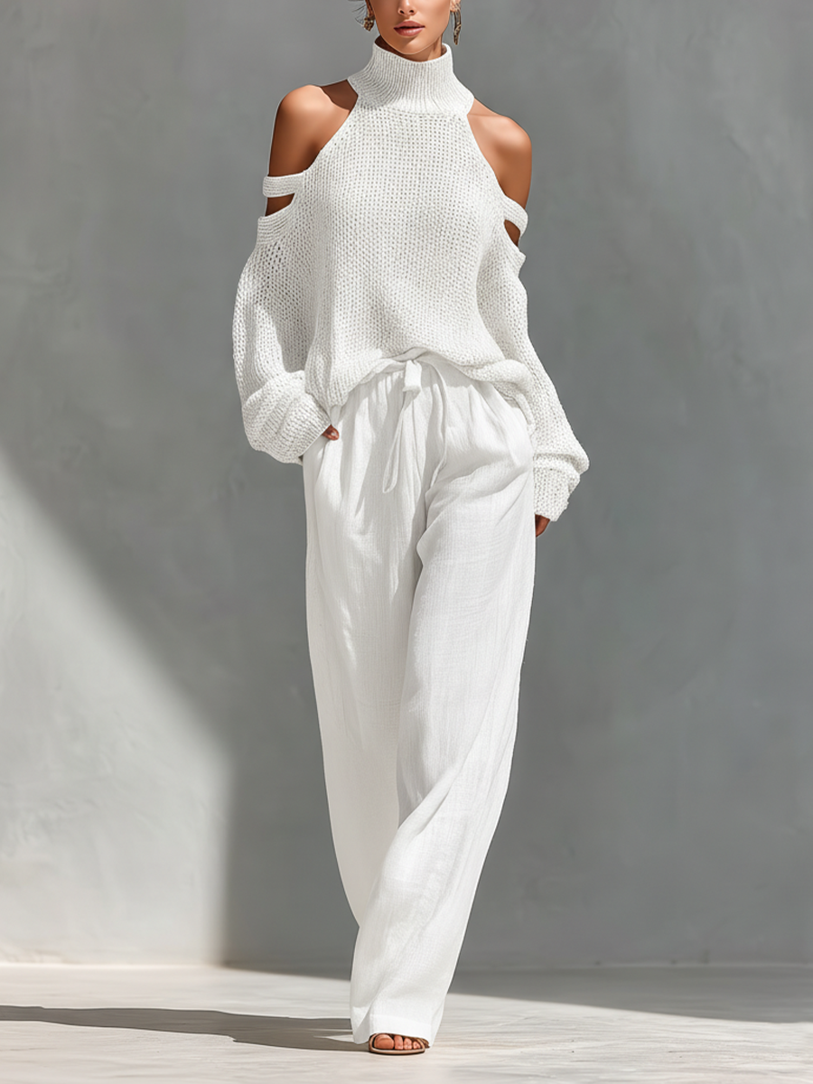 Liora | Gestricktes Cold-Shoulder-Set - Weiß - Set - Cow Clothing