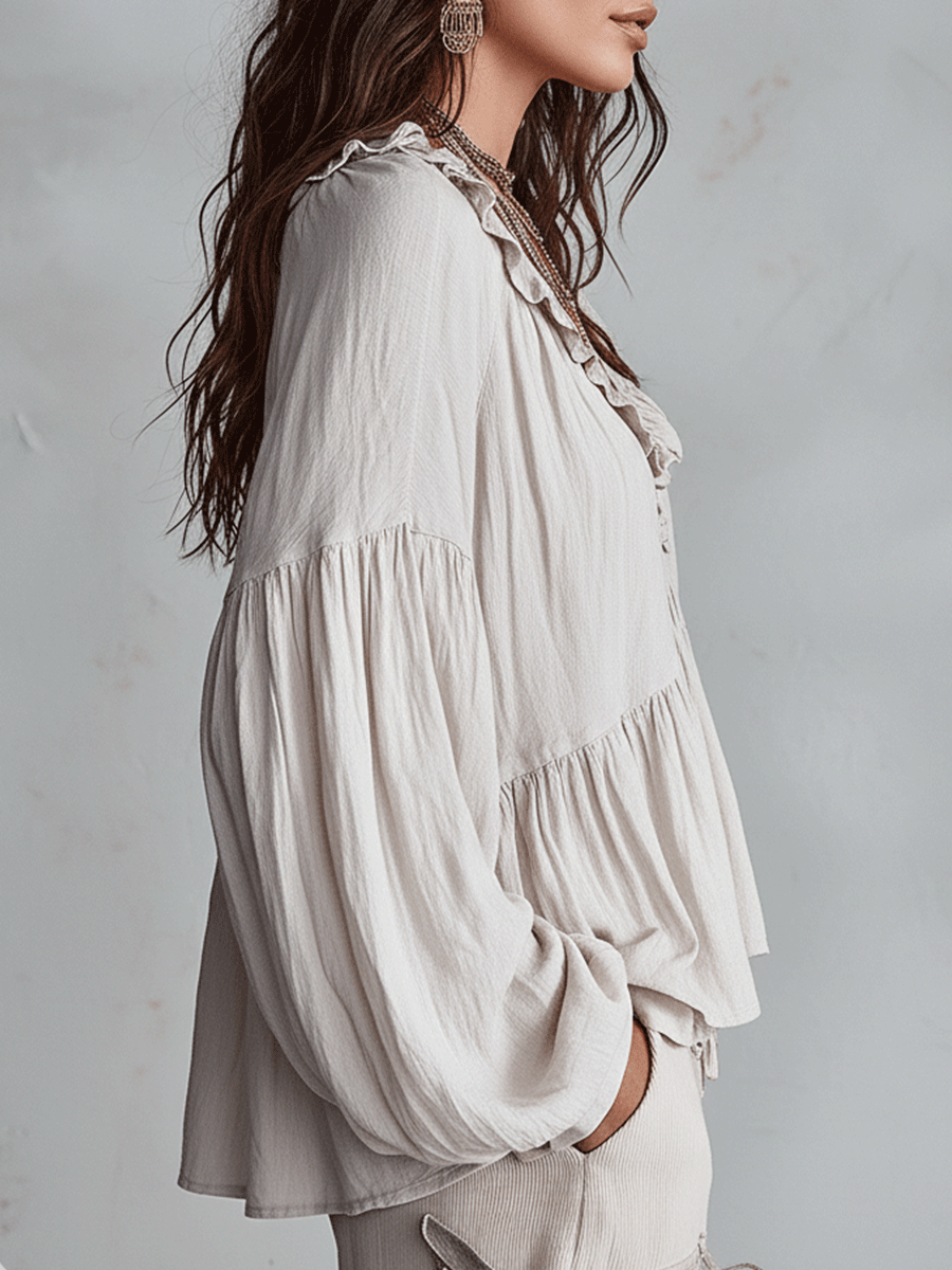 Damen Luftige, vintage-inspirierte Boho-Bluse mit weichen Rüschen - - Damen > Blusen - Concept Fashionlab