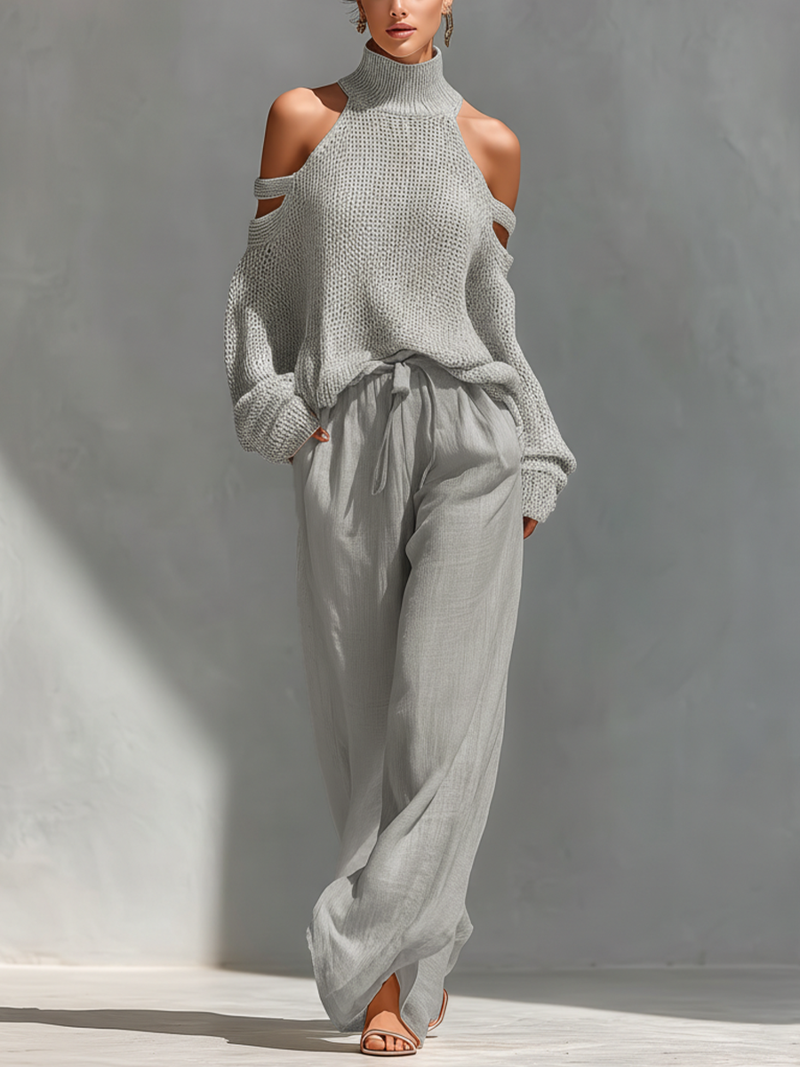 Liora | Gestricktes Cold-Shoulder-Set - Grau - Set - Cow Clothing