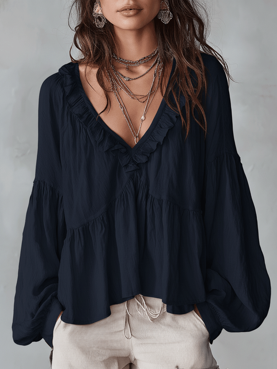 Damen Luftige, vintage-inspirierte Boho-Bluse mit weichen Rüschen - Marineblau - Damen > Blusen - Concept Fashionlab