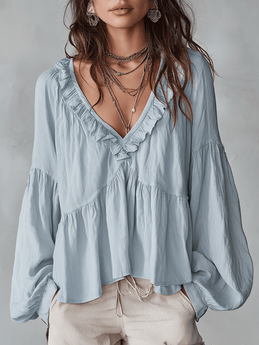 Damen Luftige, vintage-inspirierte Boho-Bluse mit weichen Rüschen - Blau - Damen > Blusen - Concept Fashionlab