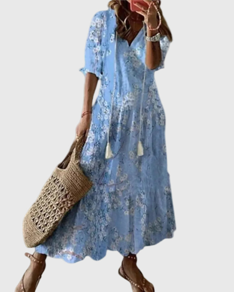 Amalia | Boho Vintage Sommer Maxikleid - Hellblau - - Cow Clothing