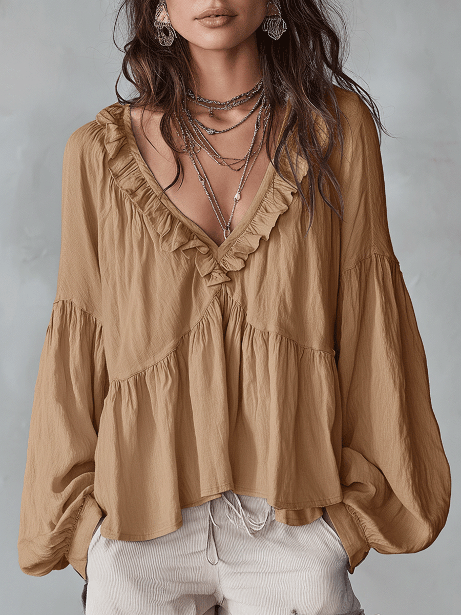 Damen Luftige, vintage-inspirierte Boho-Bluse mit weichen Rüschen - Khaki - Damen > Blusen - Concept Fashionlab