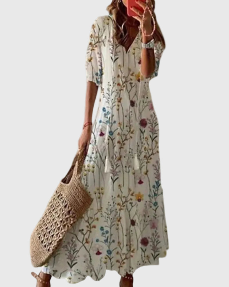 Amalia | Boho Vintage Sommer Maxikleid - Blumenmuster - - Cow Clothing